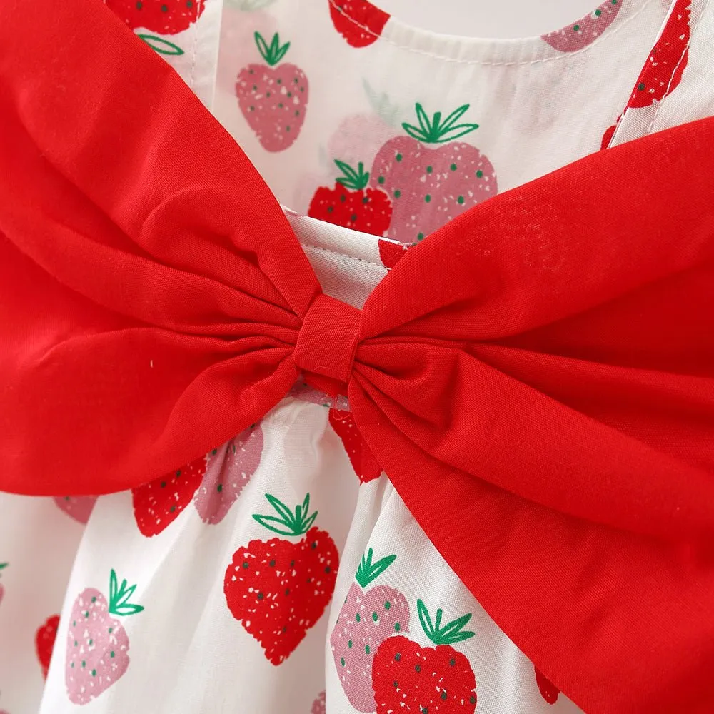 100% Cotton 2pcs Baby Girl All Over Red Strawberry Print Sleeveless Bowknot Dress with Hat Set