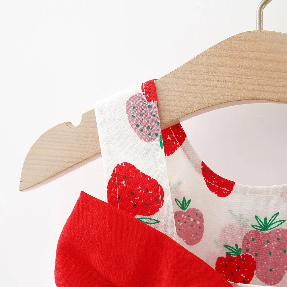 100% Cotton 2pcs Baby Girl All Over Red Strawberry Print Sleeveless Bowknot Dress with Hat Set