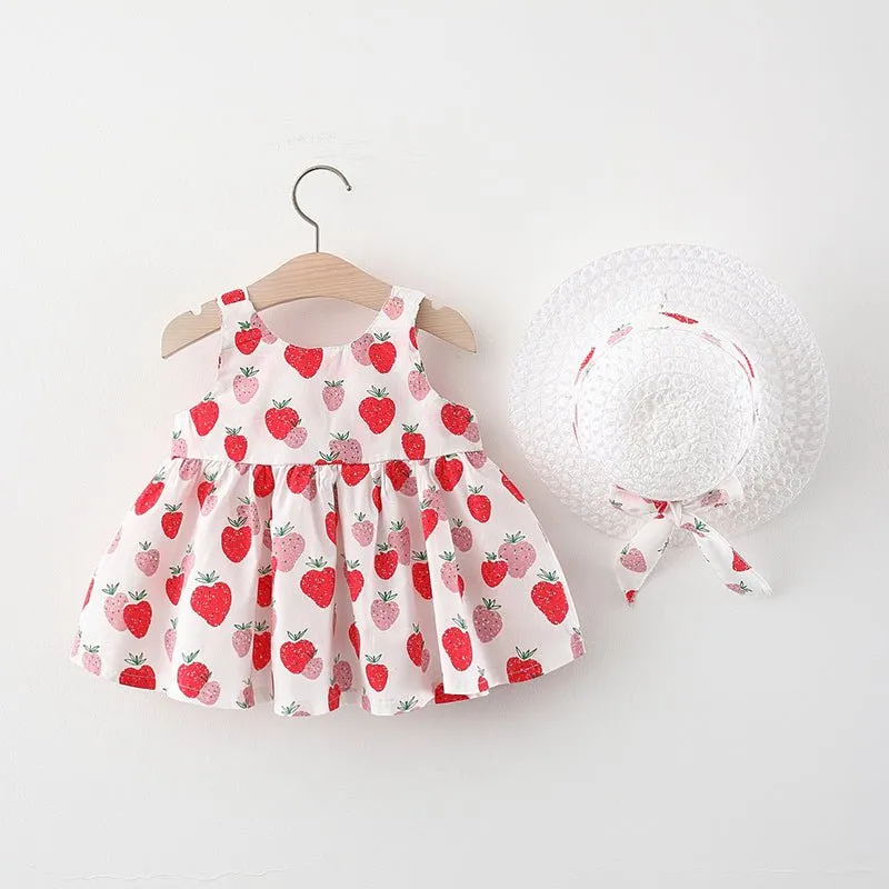 100% Cotton 2pcs Baby Girl All Over Red Strawberry Print Sleeveless Bowknot Dress with Hat Set