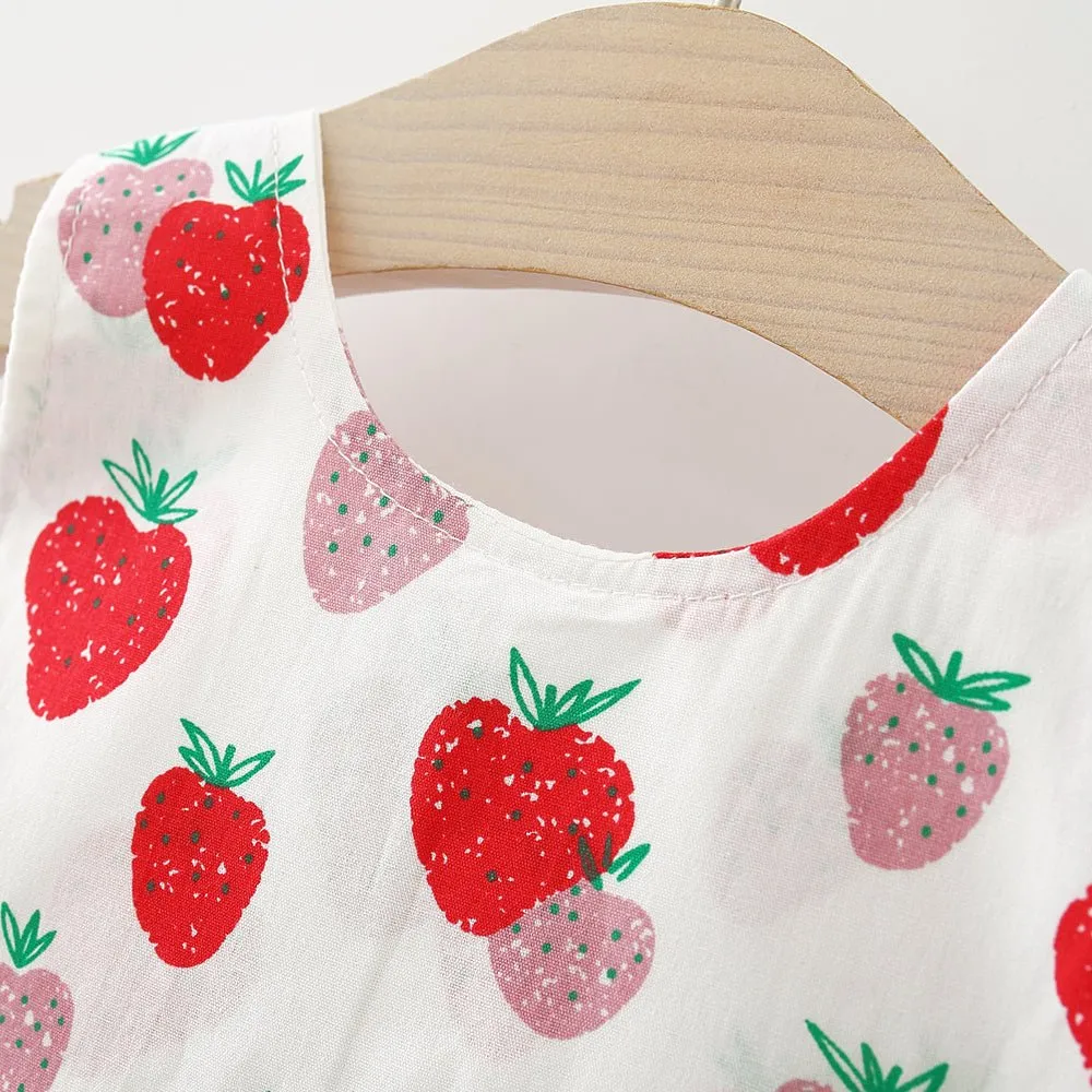 100% Cotton 2pcs Baby Girl All Over Red Strawberry Print Sleeveless Bowknot Dress with Hat Set