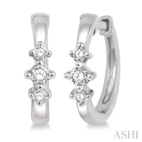 1/6 ctw Three Stone Round Cut Diamond Huggie Earrings in 10K White Gold