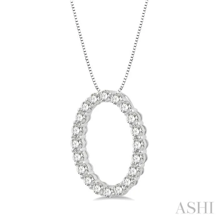 3/4 ctw Oval Shape Window Round Cut Diamond Pendant With Chain in 14K White Gold