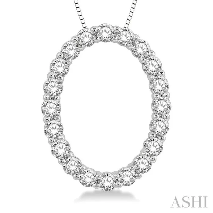 3/4 ctw Oval Shape Window Round Cut Diamond Pendant With Chain in 14K White Gold