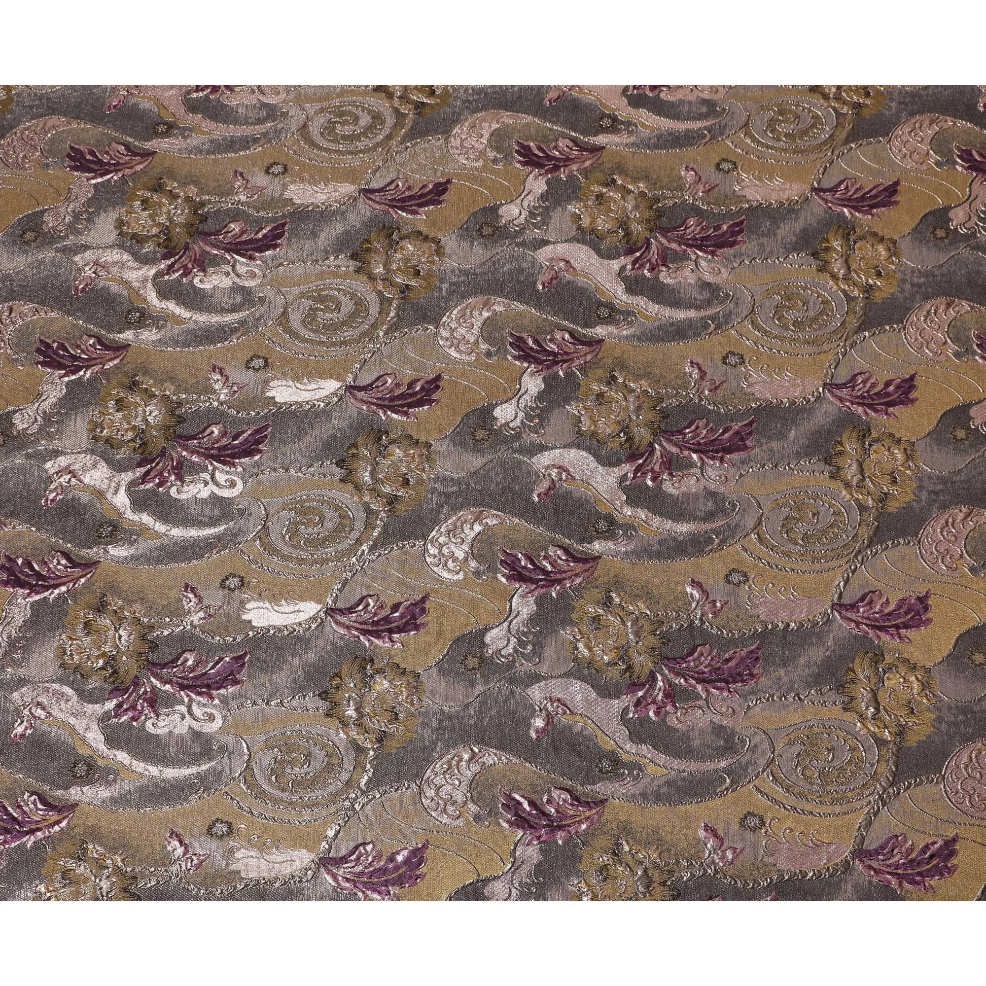 Antique Gold and Burgundy Synthetic Brocade Fabric with Floral Swirl Design - 140 cm Width-D19803