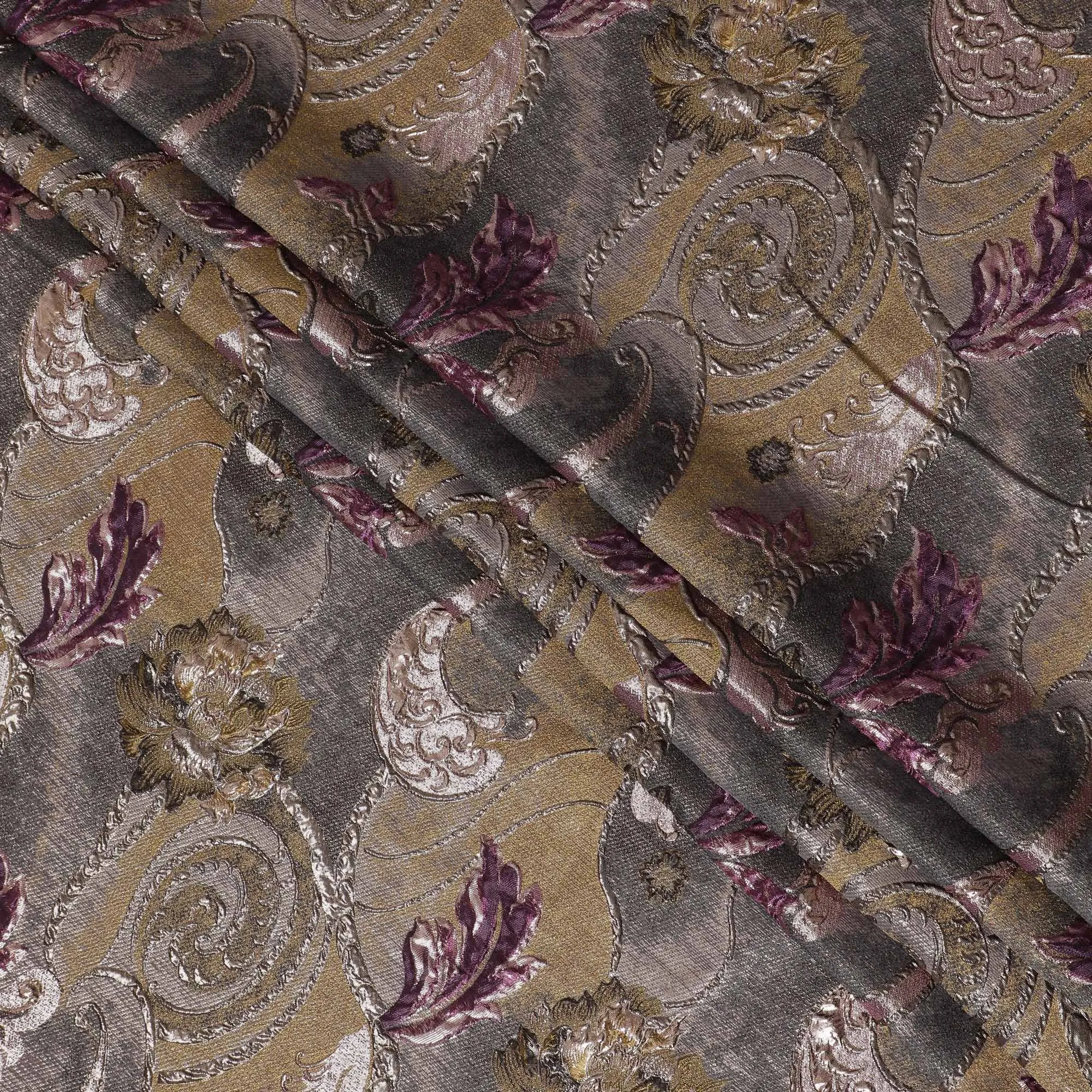 Antique Gold and Burgundy Synthetic Brocade Fabric with Floral Swirl Design - 140 cm Width-D19803