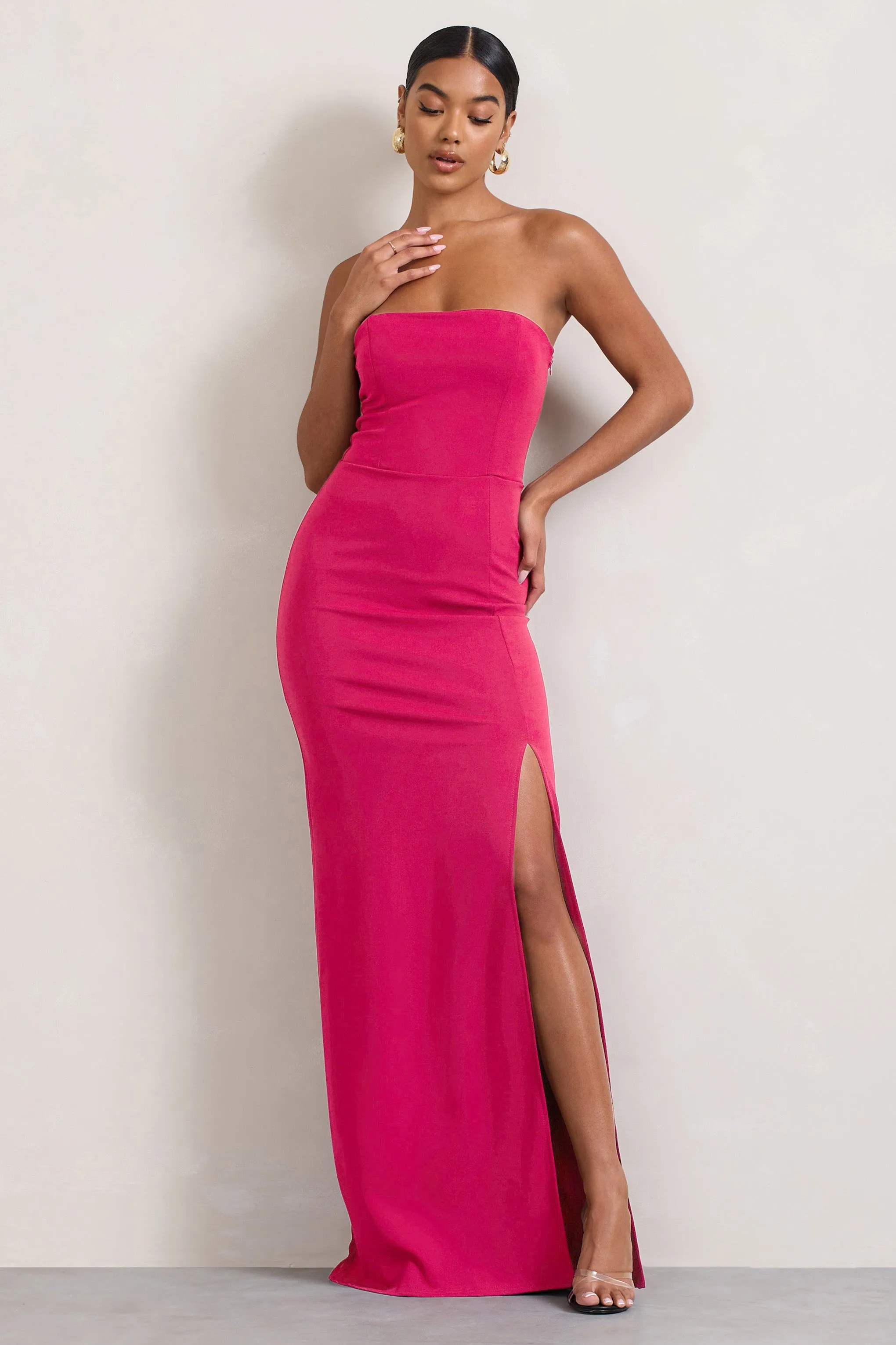 Belle of The Ball | Hot Pink Bandeau Maxi Dress With Split Hem