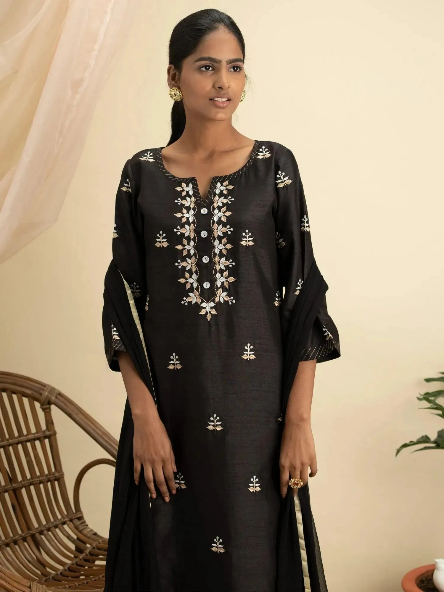 Black Embroidered Silk Straight Kurta With Palazzos & Dupatta