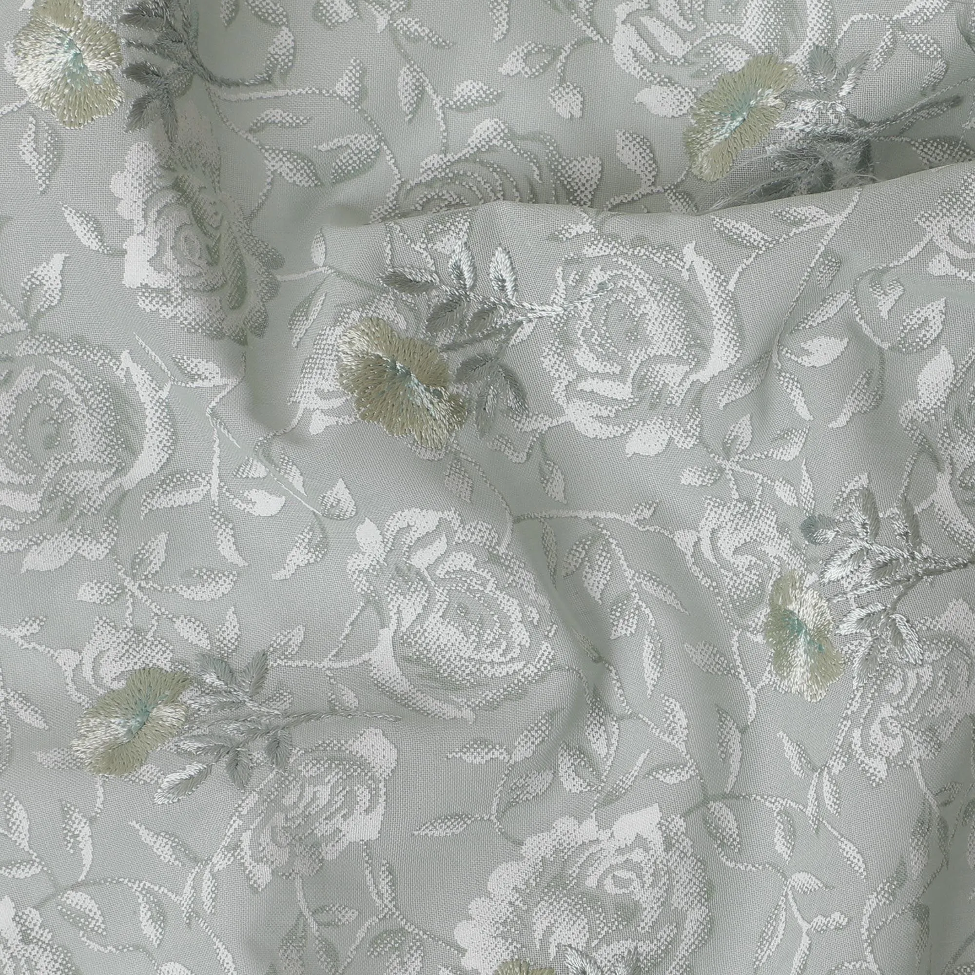 Brook green Premium pure cotton voile fabric with same tone, off white print having sage green embroidery in floral design-D15040