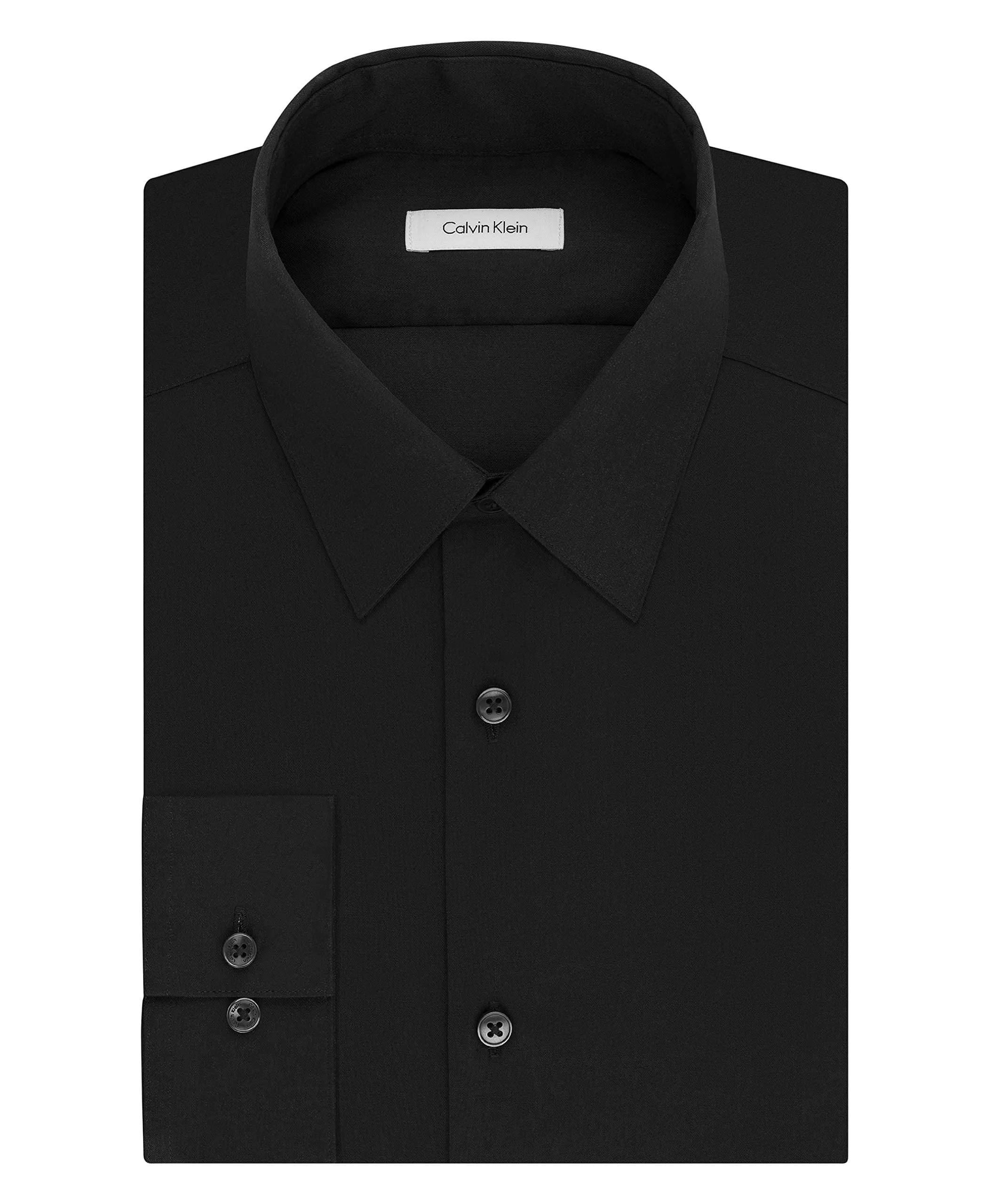 Calvin Klein Men's Dress Shirt Slim Fit Non Iron Herringbone, Black, 17.5" Neck 34"-35" Sleeve (X-Large)