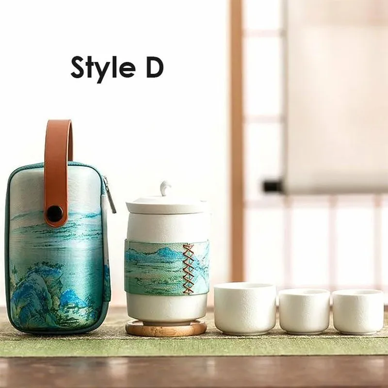 Ceramic Travel Teapot with 3 Cups & Sleek Travel Bag - 2 Colors & Styles