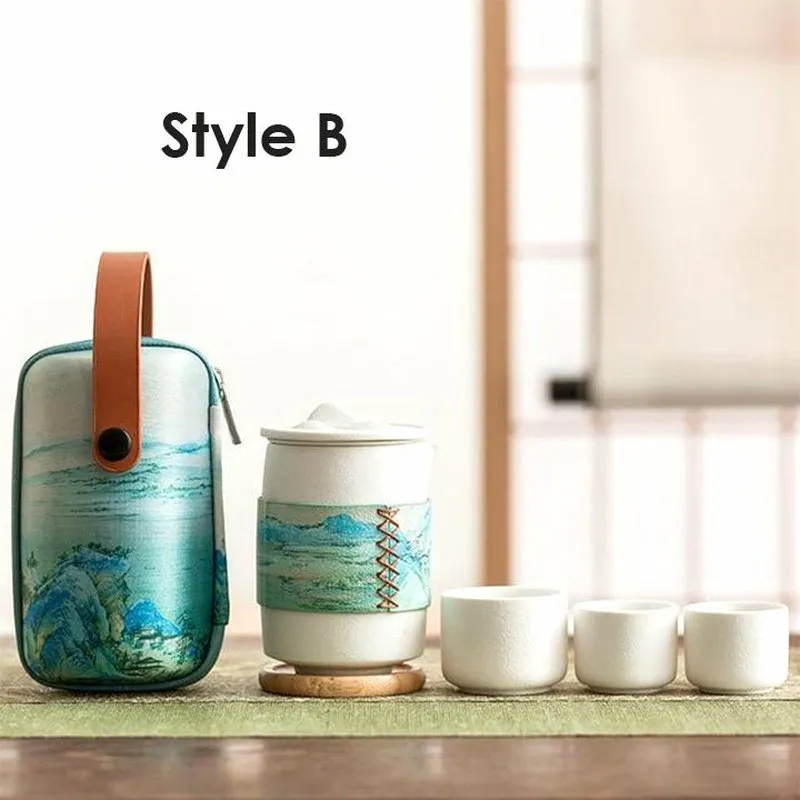 Ceramic Travel Teapot with 3 Cups & Sleek Travel Bag - 2 Colors & Styles