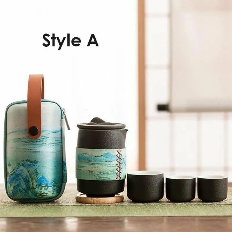 Ceramic Travel Teapot with 3 Cups & Sleek Travel Bag - 2 Colors & Styles