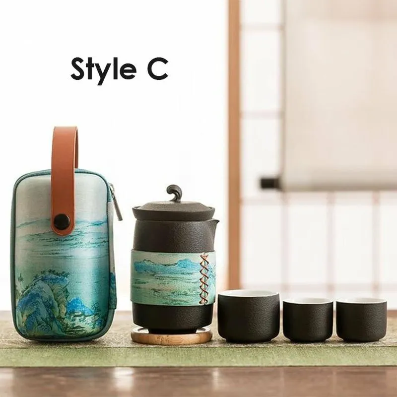 Ceramic Travel Teapot with 3 Cups & Sleek Travel Bag - 2 Colors & Styles