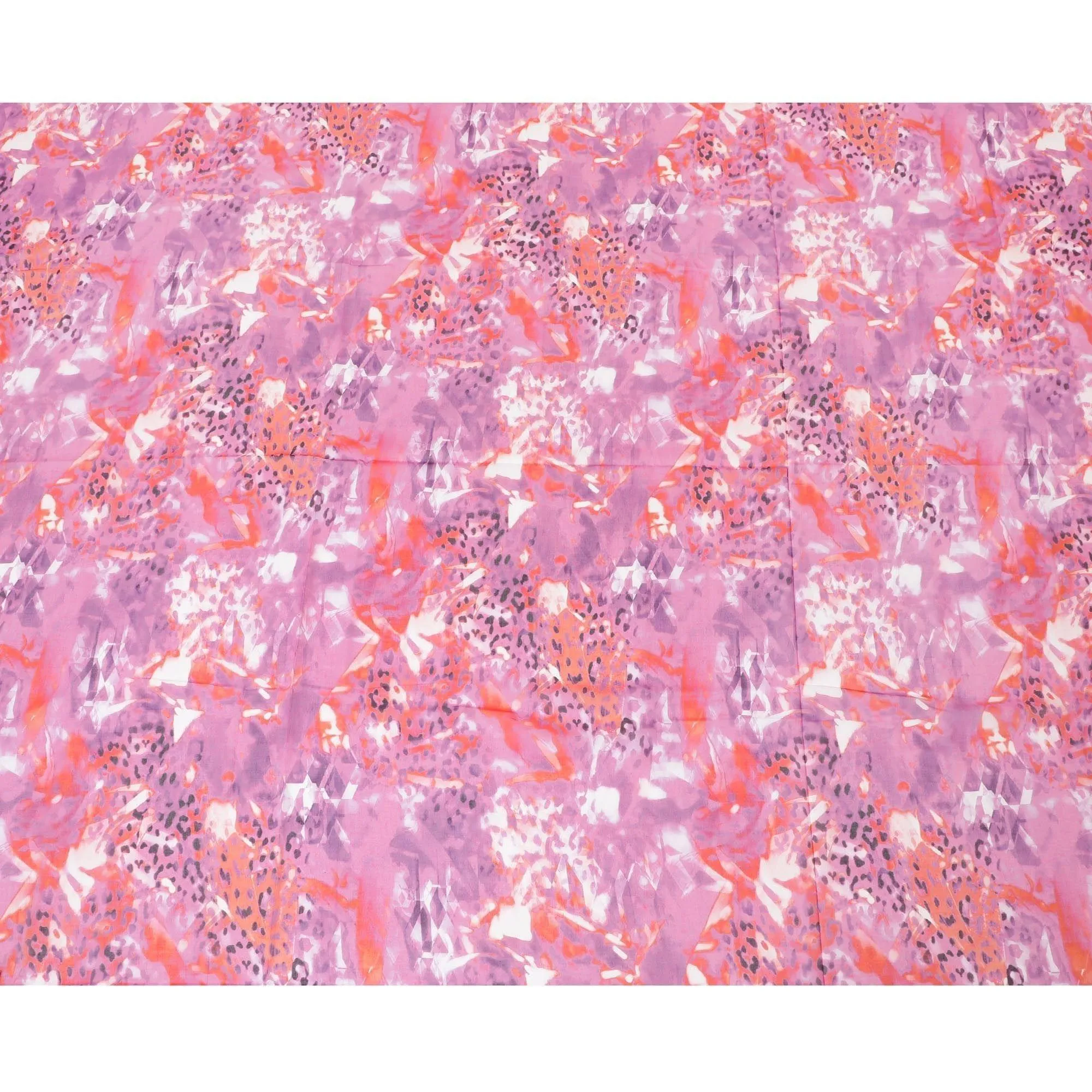 Cerise pink Swiss 100% cotton voile fabric with same tone, dark orange, off white and black print in abstract design-D7198