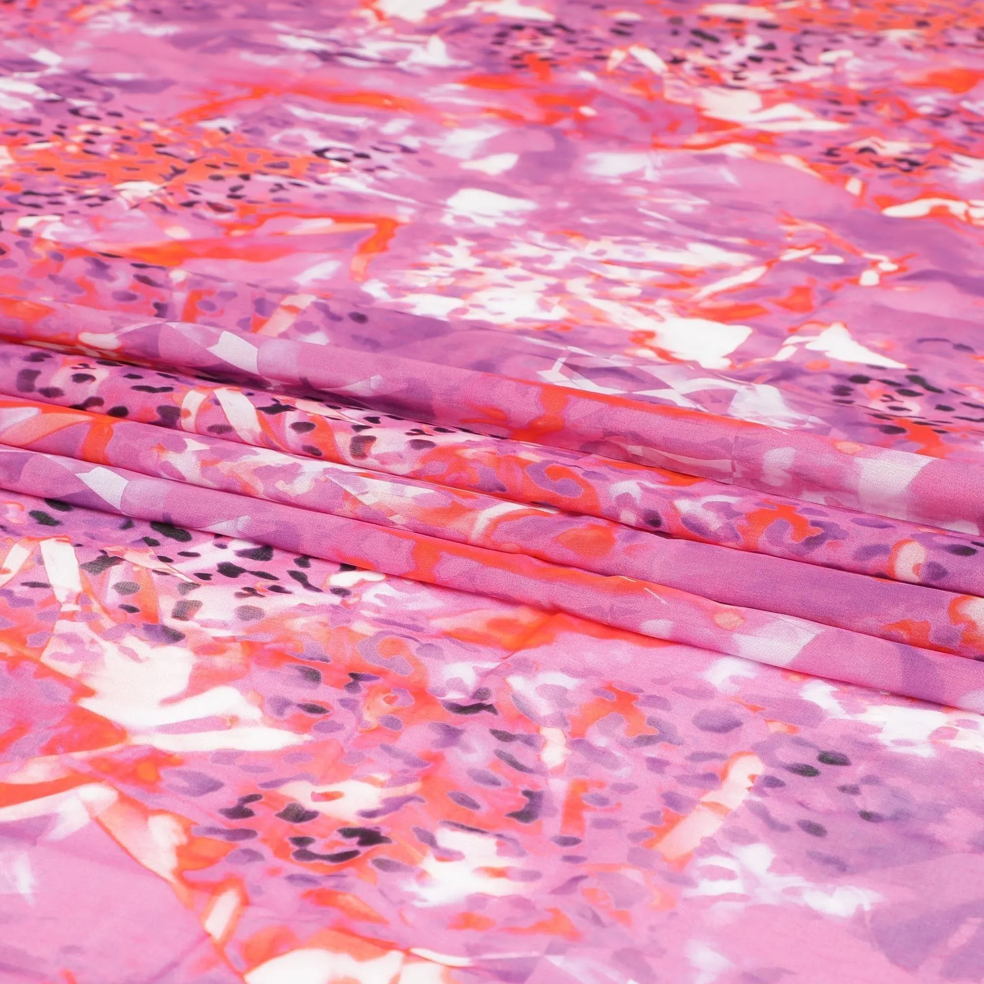 Cerise pink Swiss 100% cotton voile fabric with same tone, dark orange, off white and black print in abstract design-D7198