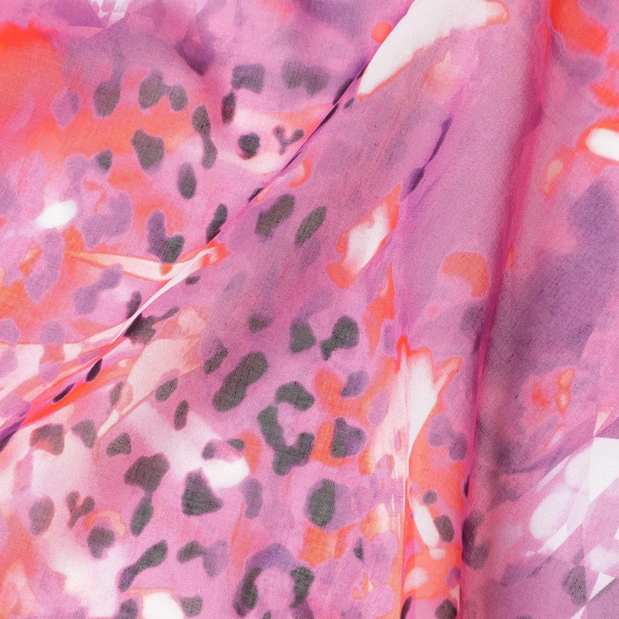 Cerise pink Swiss 100% cotton voile fabric with same tone, dark orange, off white and black print in abstract design-D7198