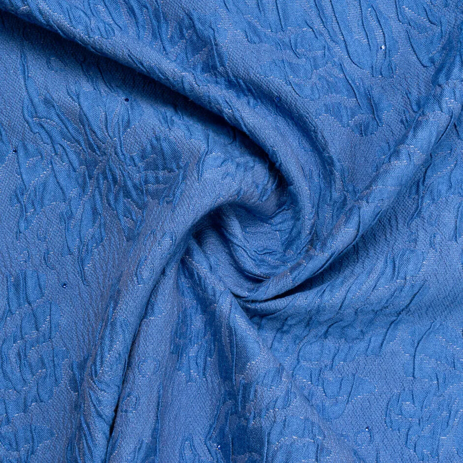 Crinkled Abstract Floral Royal Blue Cloqué