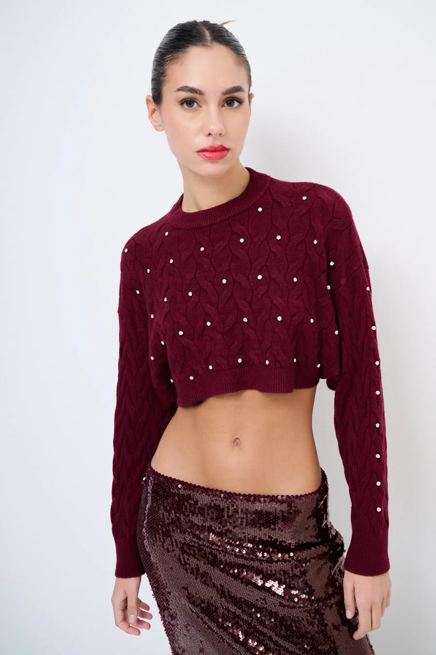 Embellished cable-knit cropped sweater wholesale