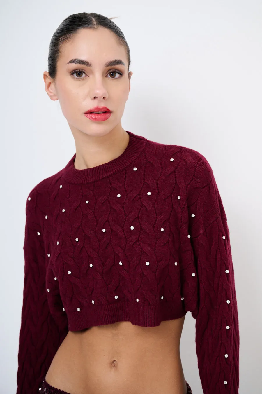 Embellished cable-knit cropped sweater wholesale