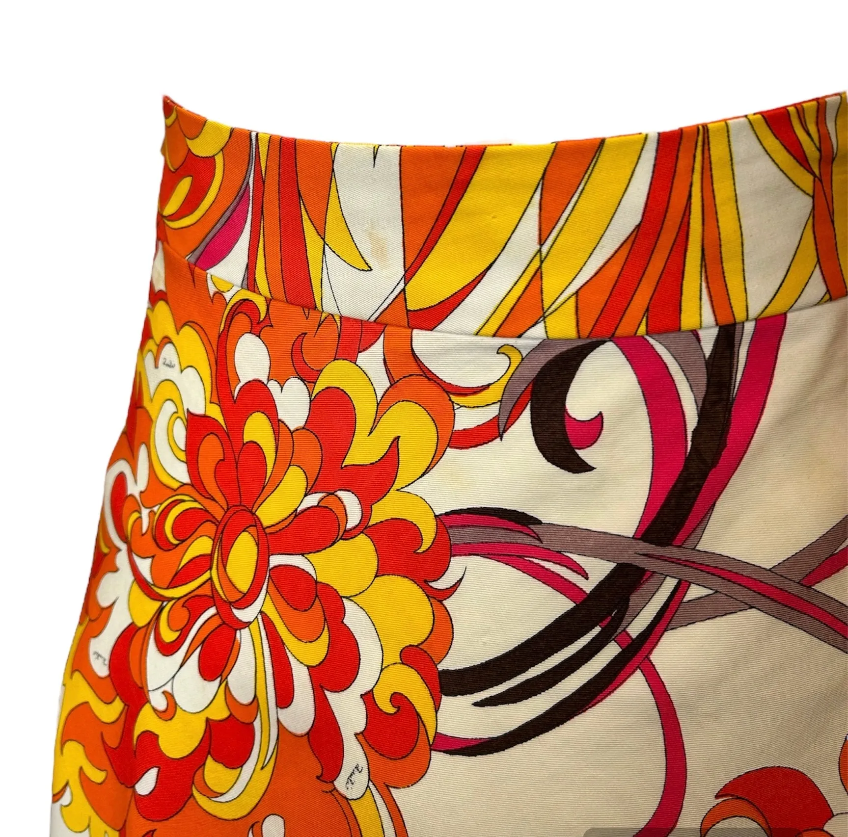 Emilio Pucci 70s Cotton Floral Flame Psychedelic Ensemble Shirt/Skirt