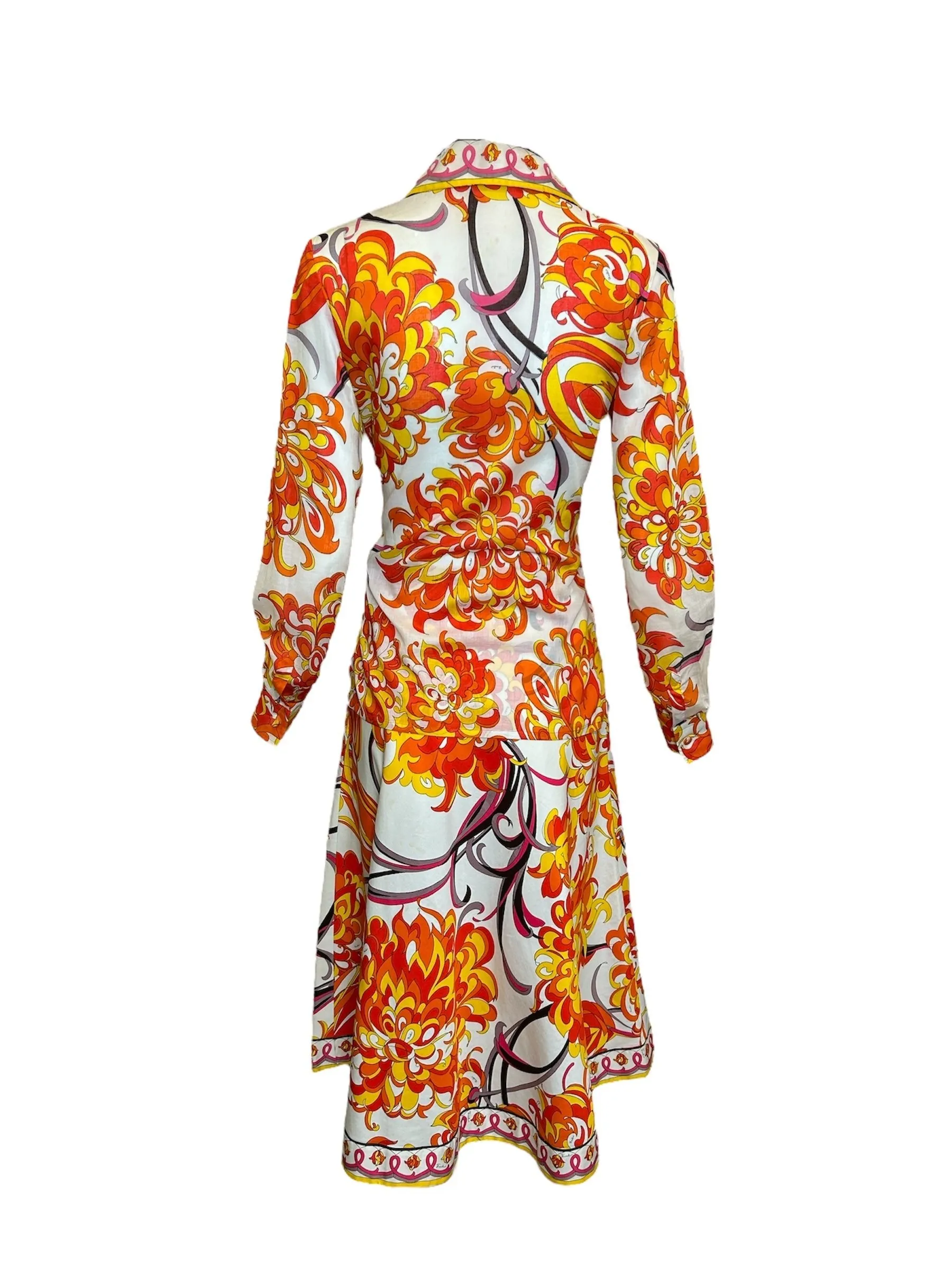 Emilio Pucci 70s Cotton Floral Flame Psychedelic Ensemble Shirt/Skirt