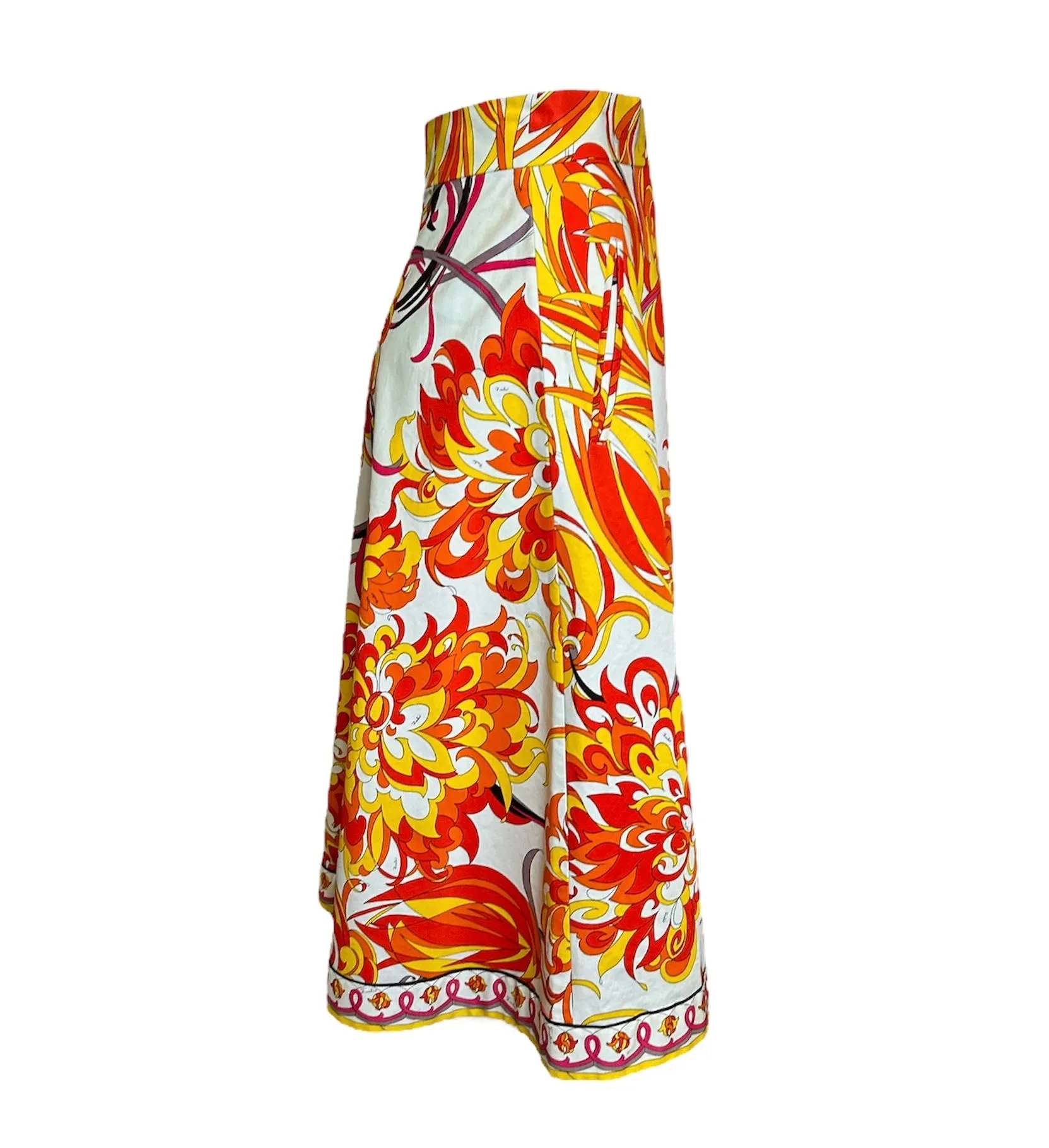 Emilio Pucci 70s Cotton Floral Flame Psychedelic Ensemble Shirt/Skirt