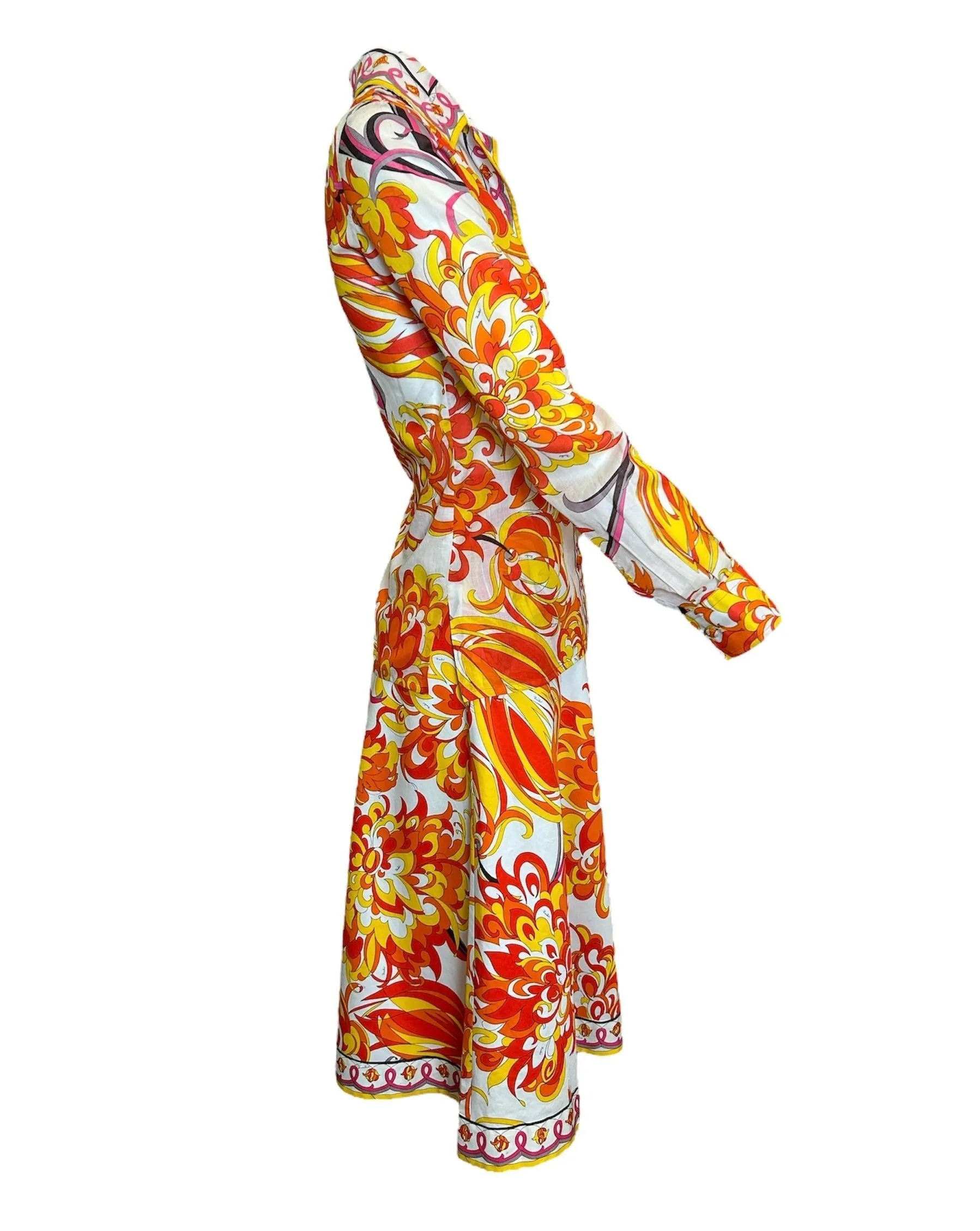 Emilio Pucci 70s Cotton Floral Flame Psychedelic Ensemble Shirt/Skirt