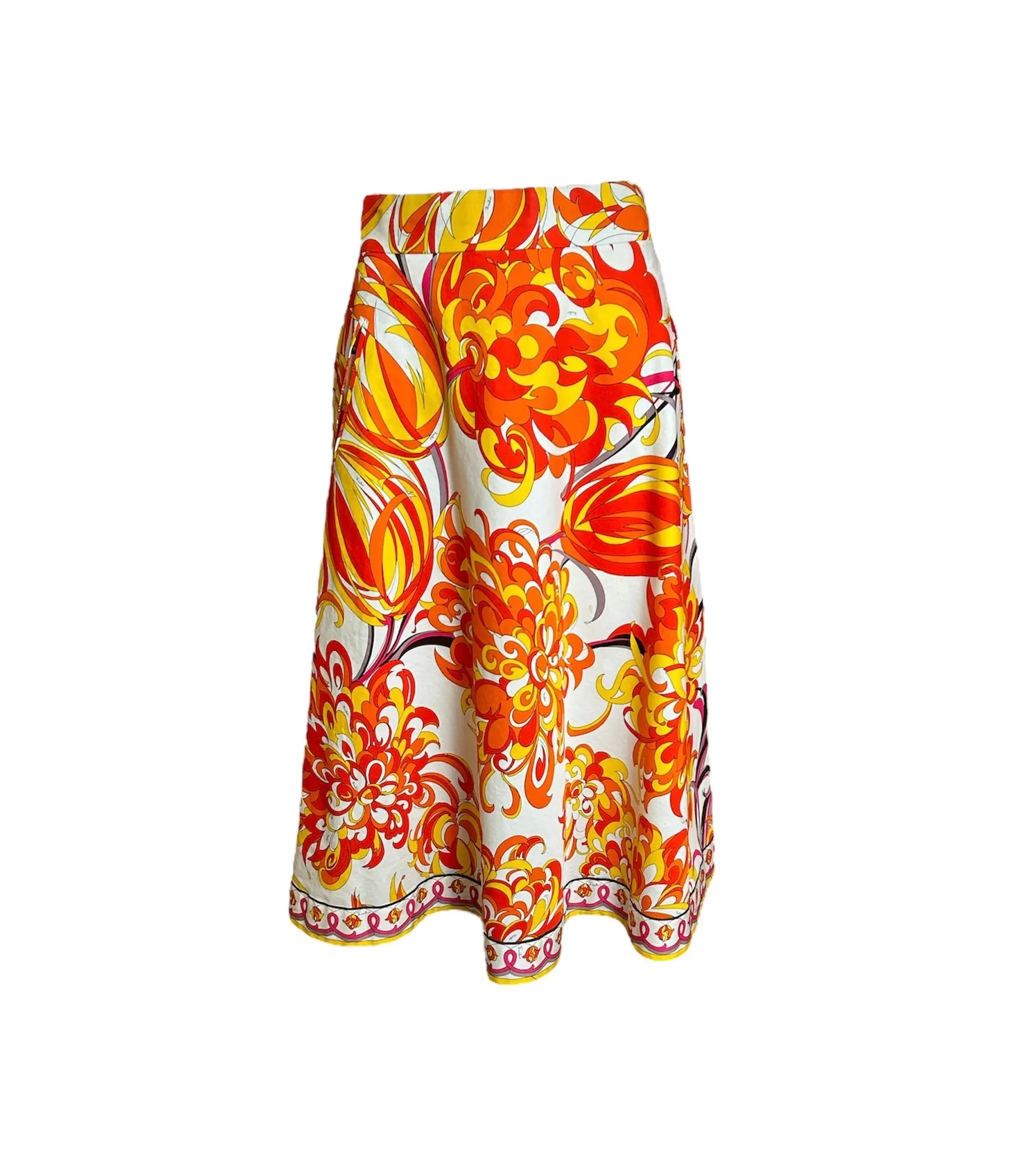 Emilio Pucci 70s Cotton Floral Flame Psychedelic Ensemble Shirt/Skirt