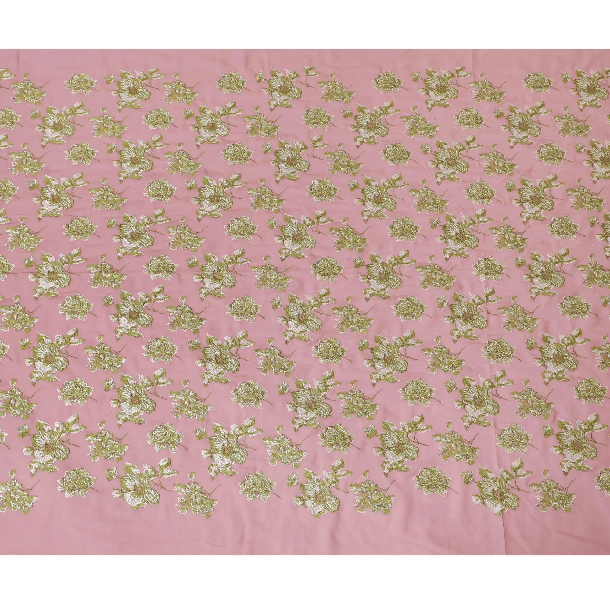 Fandango pink cotton voile fabric with beige and sage green embroidery in floral design-D14473