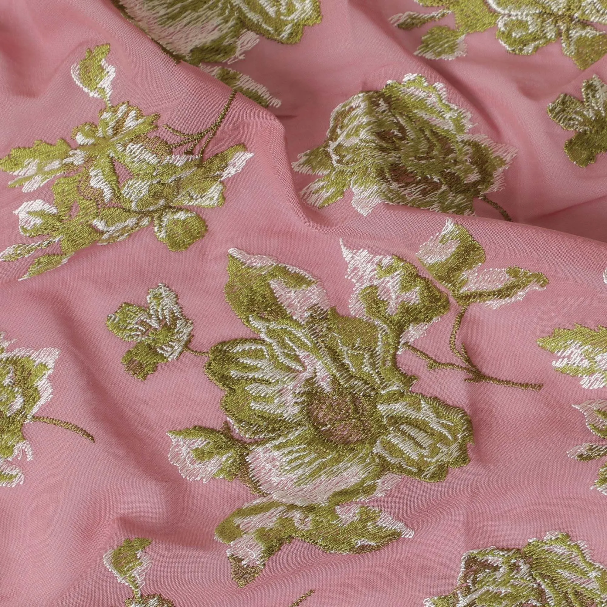 Fandango pink cotton voile fabric with beige and sage green embroidery in floral design-D14473