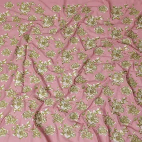 Fandango pink cotton voile fabric with beige and sage green embroidery in floral design-D14473