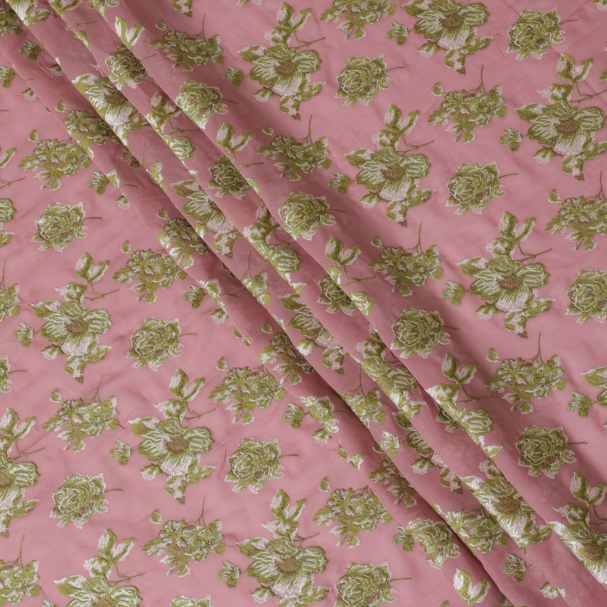 Fandango pink cotton voile fabric with beige and sage green embroidery in floral design-D14473