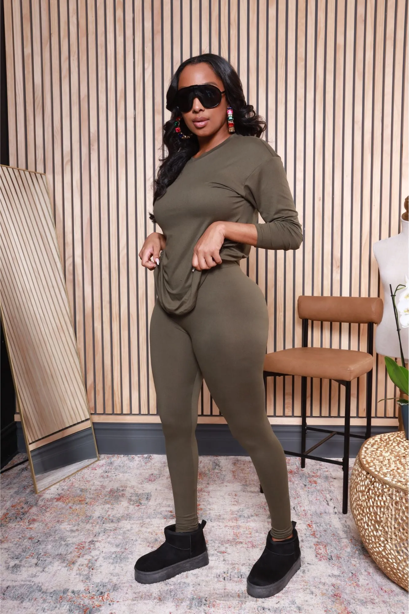 Fit The Vibe Crewneck Legging Set - Olive Green