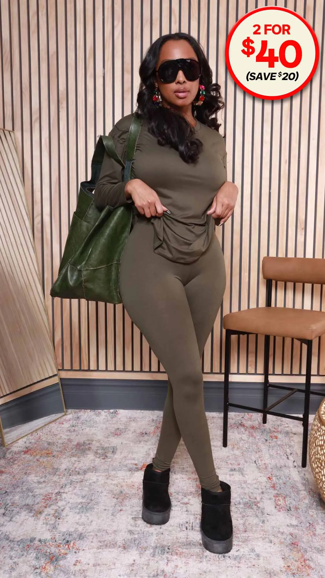 Fit The Vibe Crewneck Legging Set - Olive Green