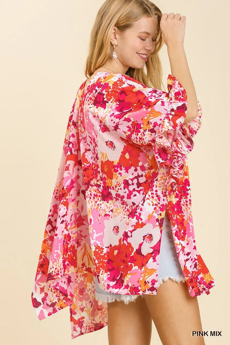 Floral Print Ruffle Sleeve Open Front Kimono with Side Slits