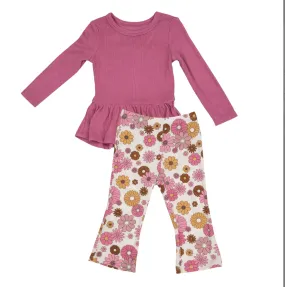 Girls Set | Rib Chateau Rose Peplum Top & Pant Set | Angel Dear