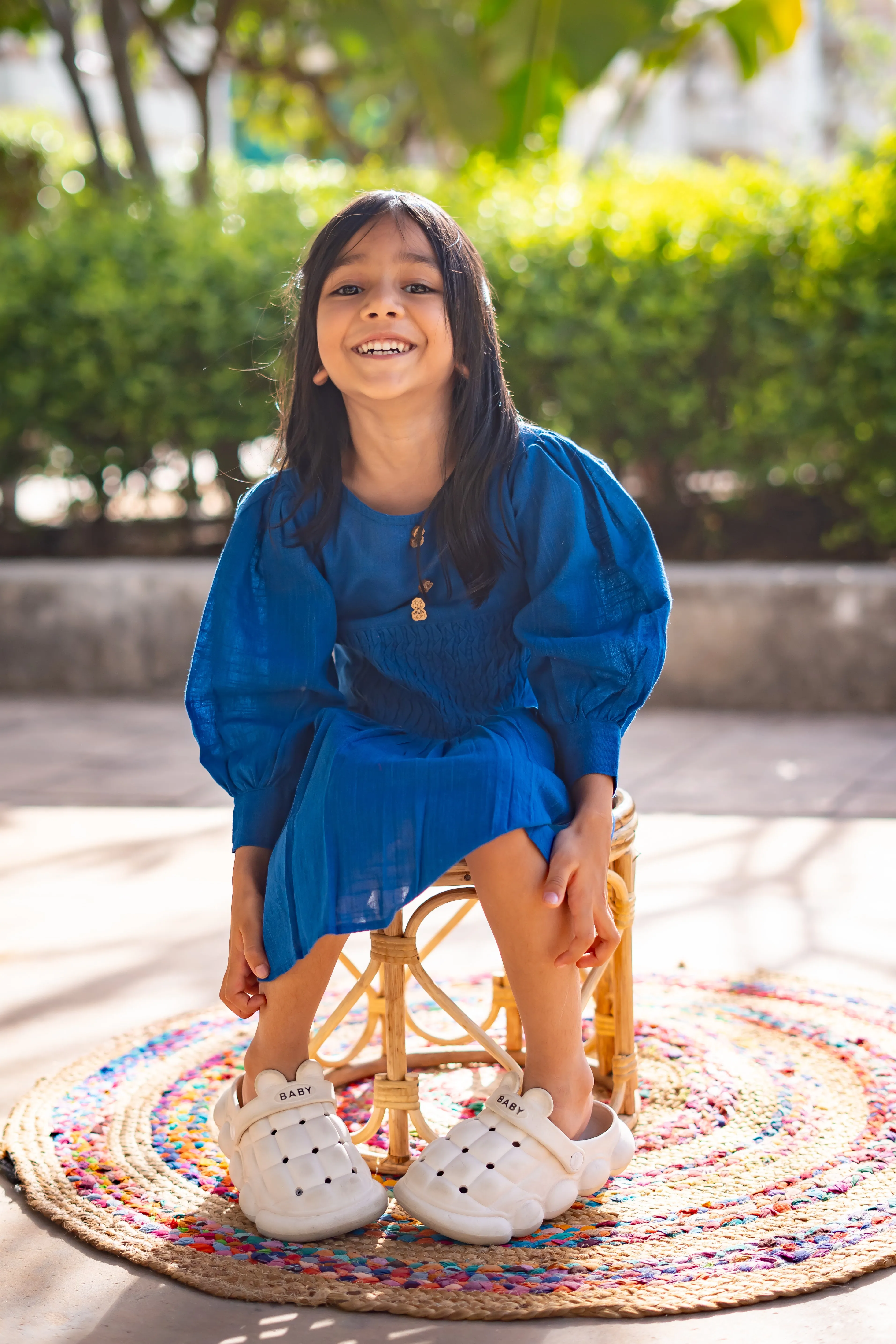 Girls Summer Cotton Dress with Pintuck Detailing - Blue