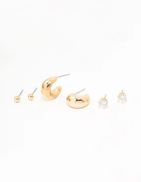 Gold Hoop, Sleek & Diamante stud Earrings 3-Pack