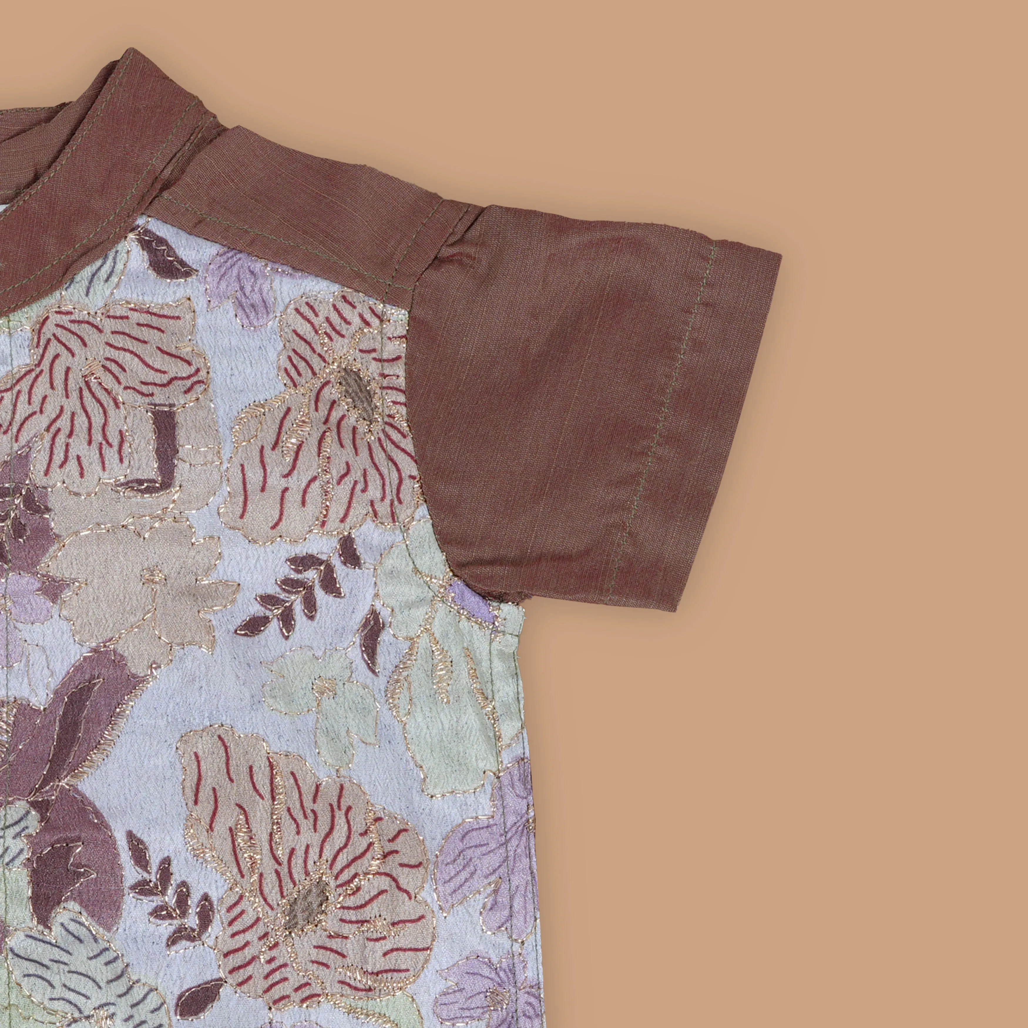 Golden Brown Boys' Ethnic Silk Shirt and Dhoti Set with Floral Embroidery