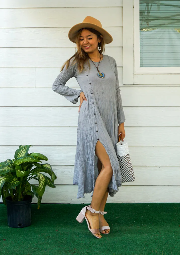 Gray Raw Natural Crinkled Cotton Dress