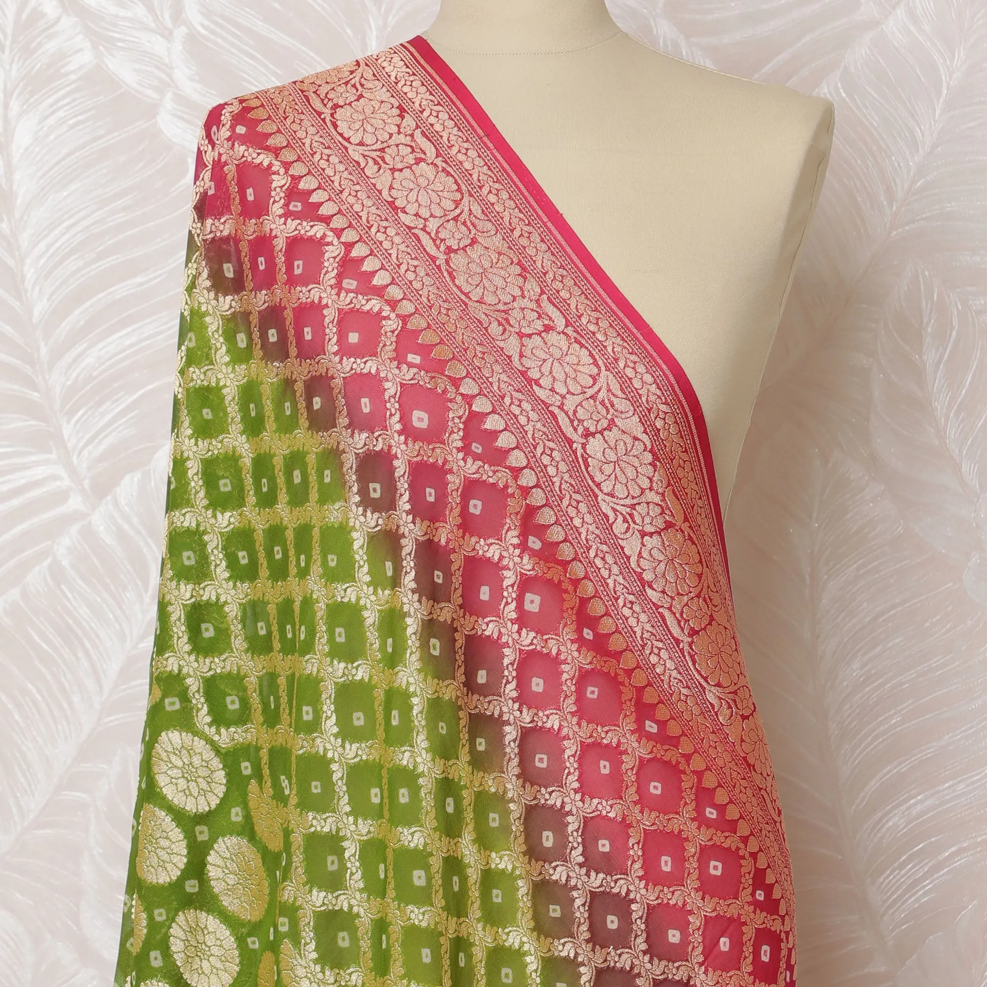 Green and Pink Bandhani Silk Georgette Dupatta with Golden Floral Border – 265 x 110 Cms, India-D20296