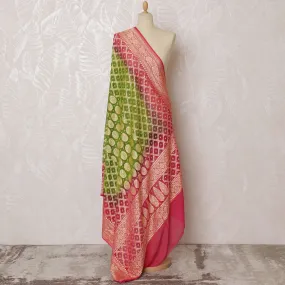 Green and Pink Bandhani Silk Georgette Dupatta with Golden Floral Border – 265 x 110 Cms, India-D20296