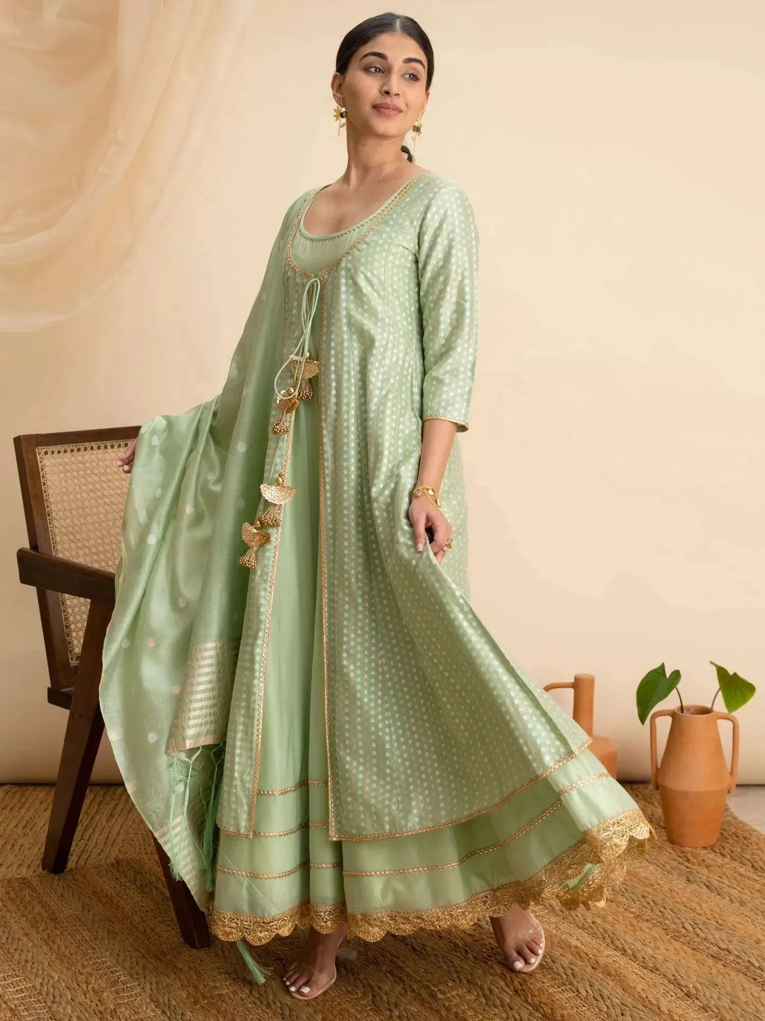 Green Self Design Silk Anarkali Kurta With Palazzos & Dupatta