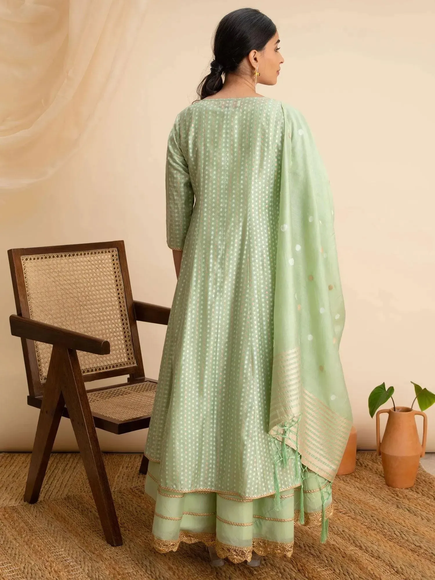 Green Self Design Silk Anarkali Kurta With Palazzos & Dupatta