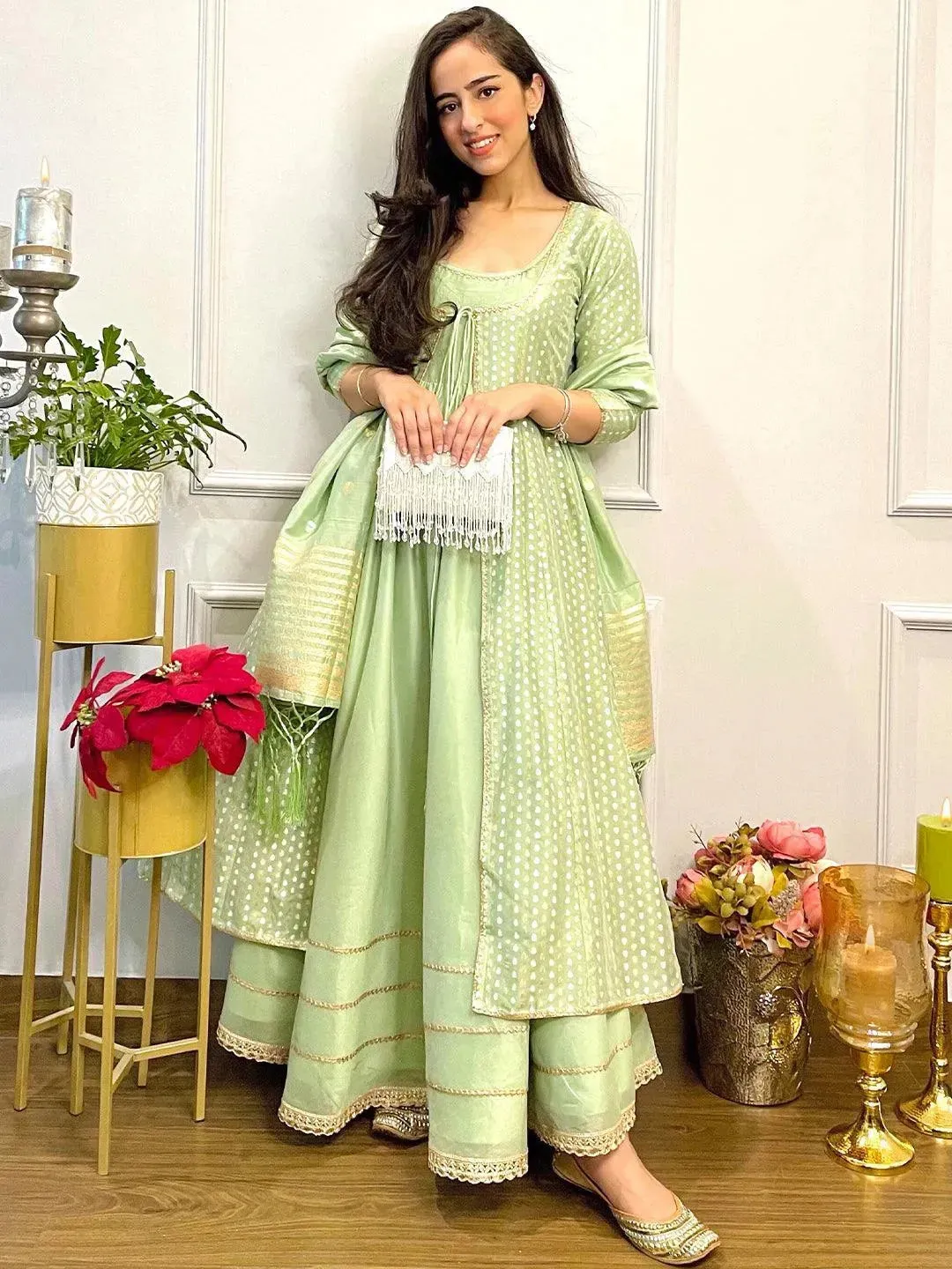 Green Self Design Silk Anarkali Kurta With Palazzos & Dupatta