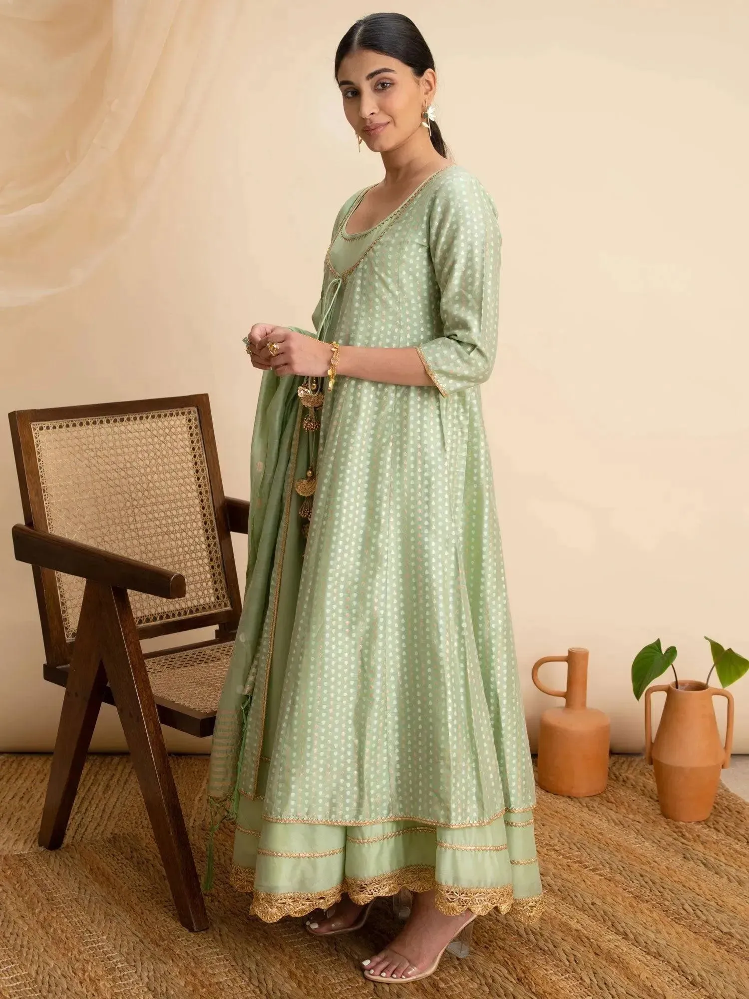 Green Self Design Silk Anarkali Kurta With Palazzos & Dupatta