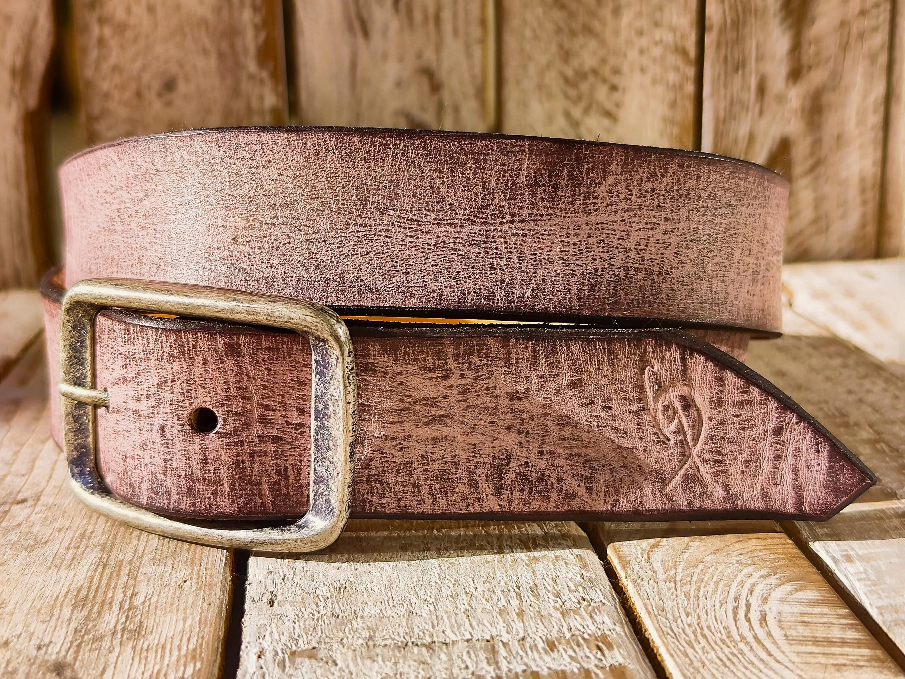 Handmade Pink Leather Belt with Brown Wash - Unique Textured Design for Jeans