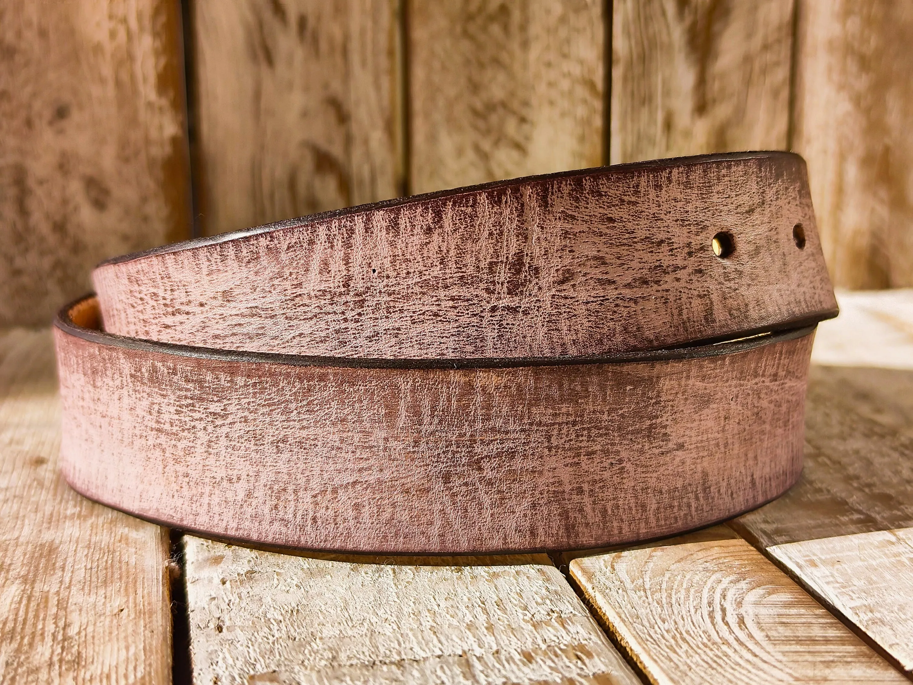 Handmade Pink Leather Belt with Brown Wash - Unique Textured Design for Jeans