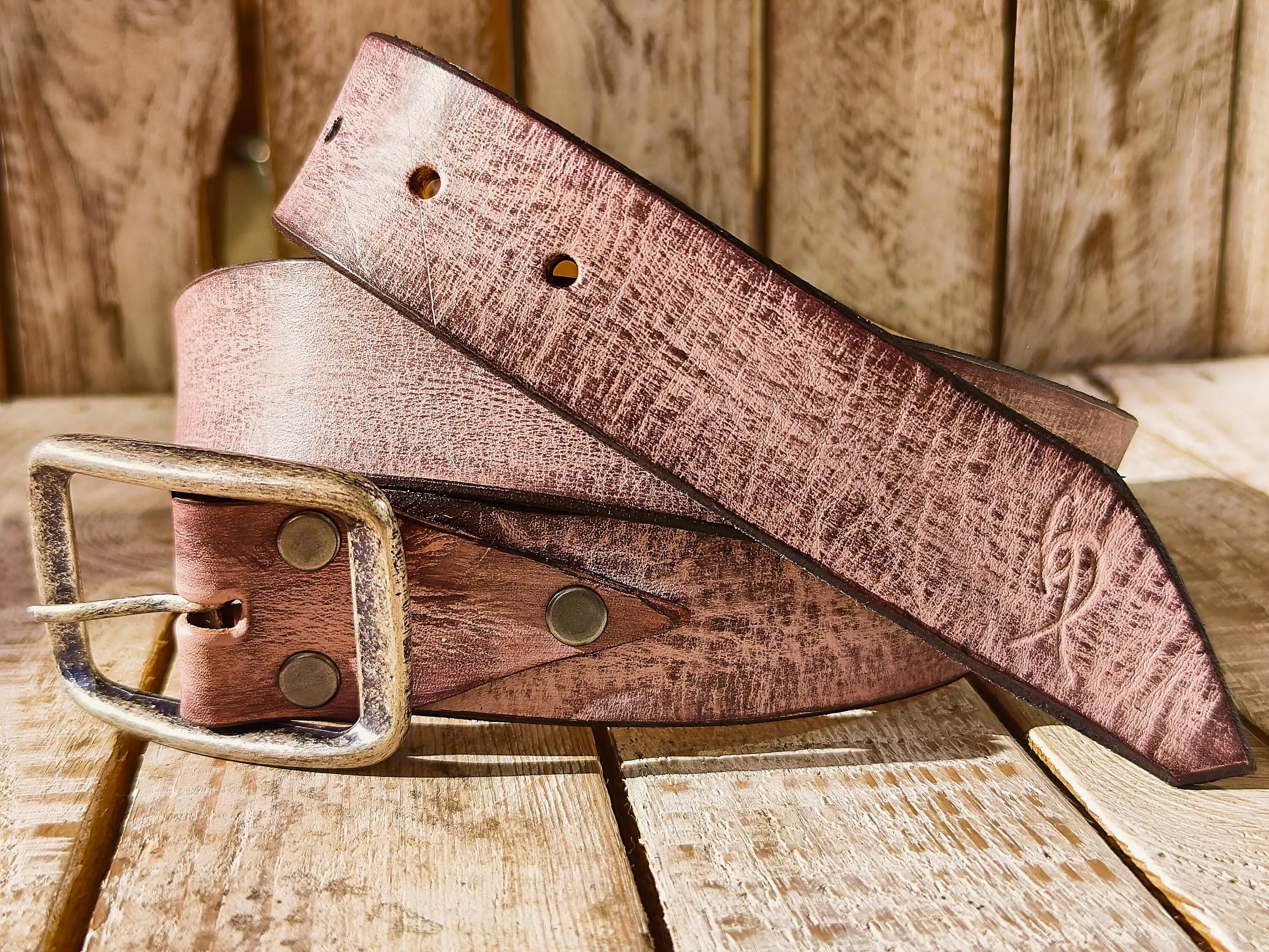 Handmade Pink Leather Belt with Brown Wash - Unique Textured Design for Jeans