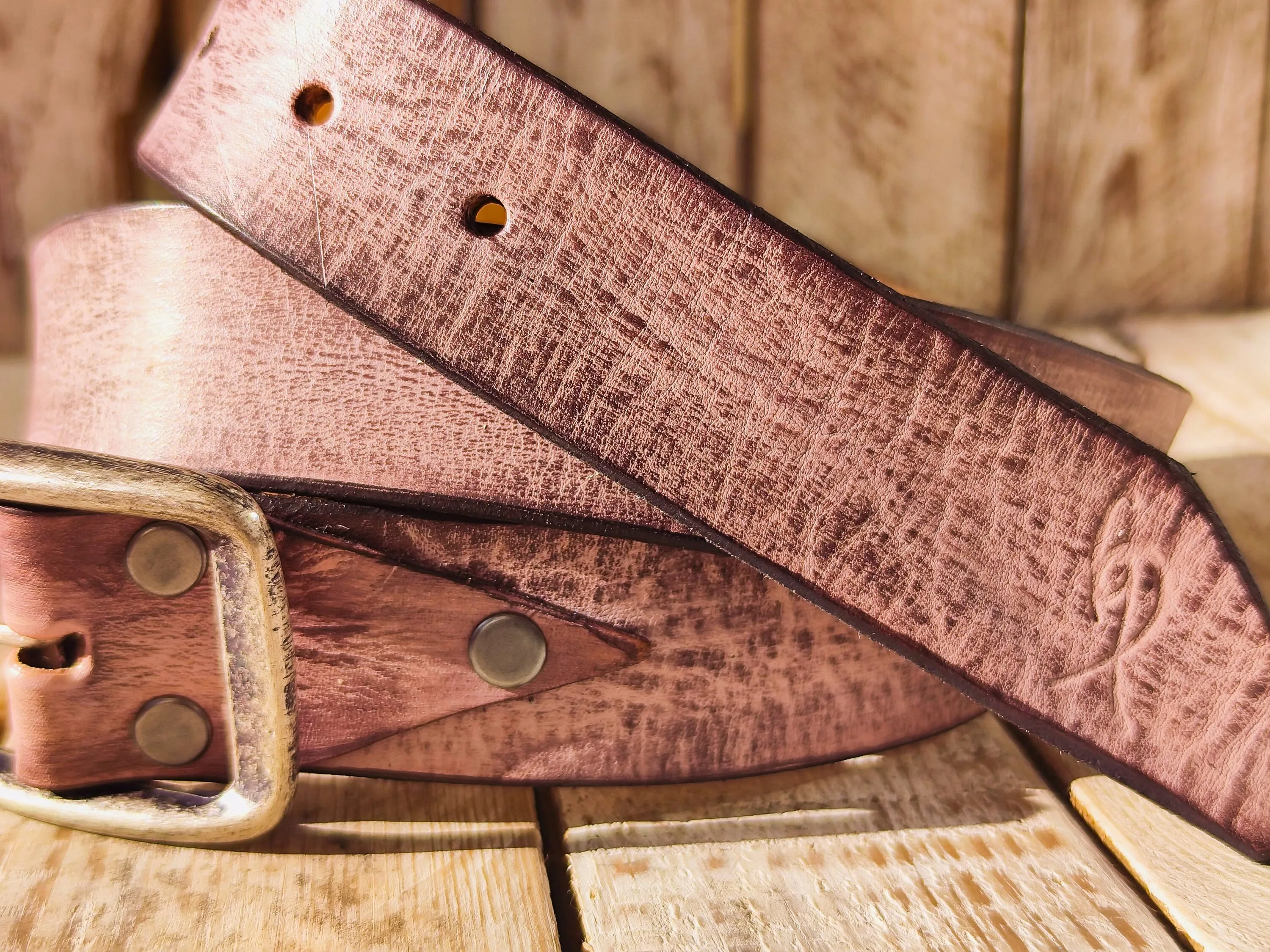 Handmade Pink Leather Belt with Brown Wash - Unique Textured Design for Jeans